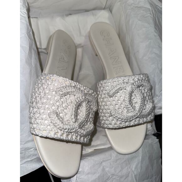 Chanel 24M White Crochet Knit Coco Beach CC Logo Mule Slide Slip Flat Sandal 41 - Picture 7 of 16